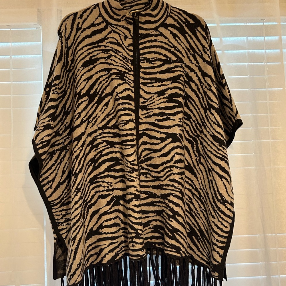 Zebra Print Poncho with Fringe